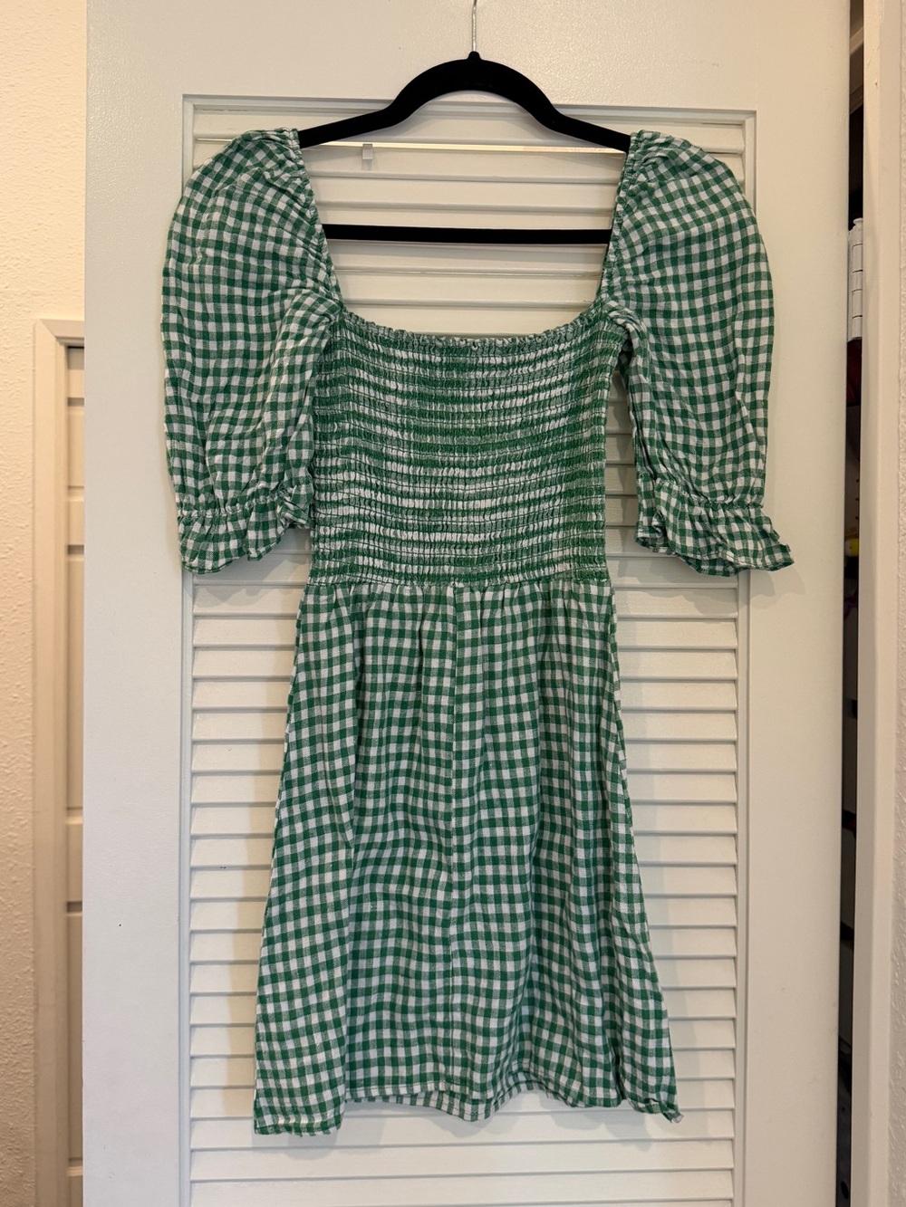 Reformation Green and White Gingham Linen Puffy Sleeve Mini Dress